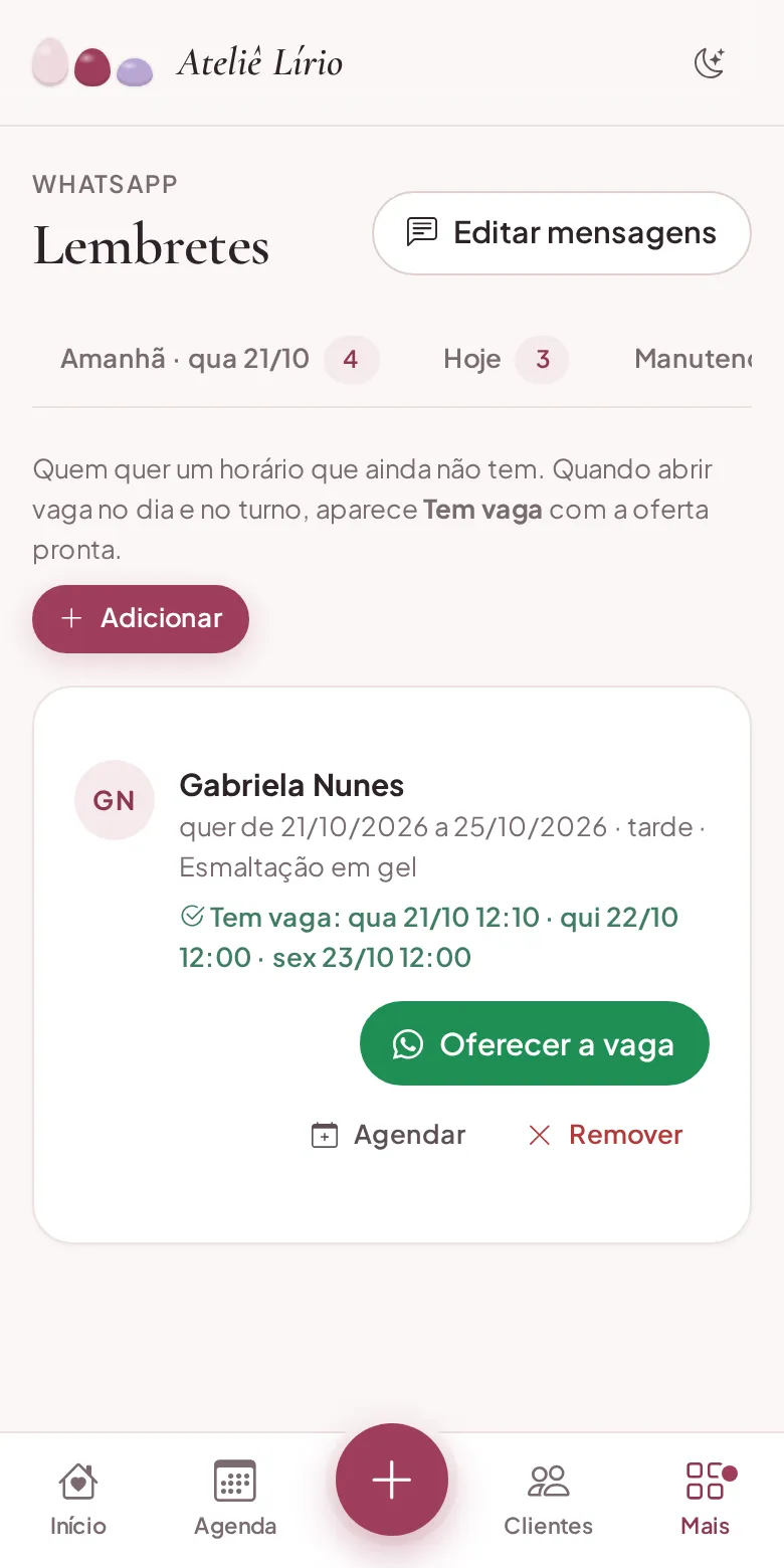Lista de espera mostrando Tem vaga e o botão Oferecer a vaga