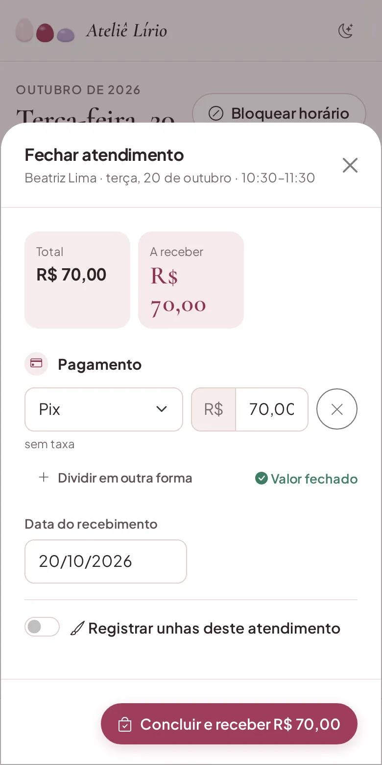 Fechamento do atendimento com a forma de pagamento