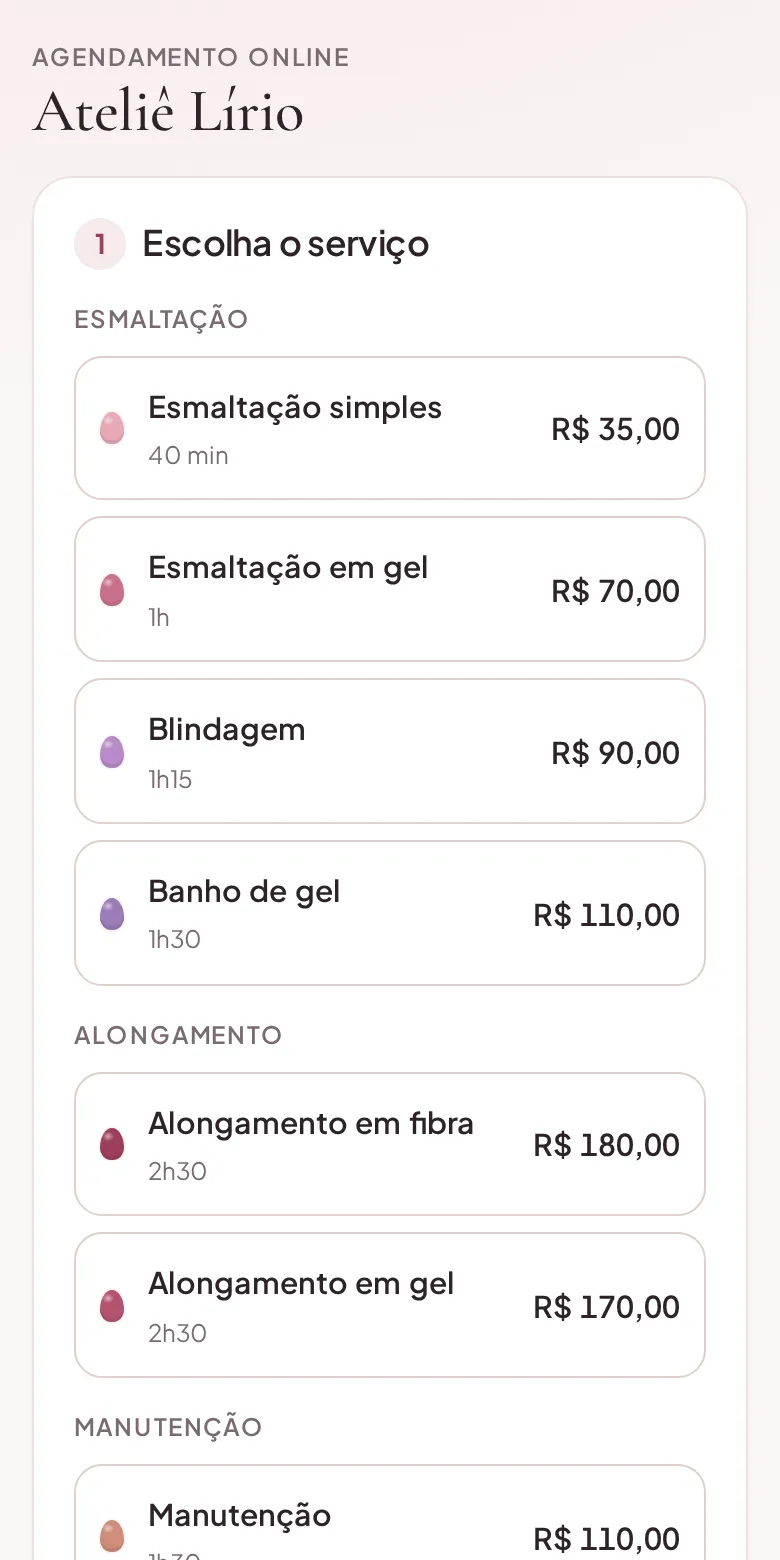 Página de agendamento online com a lista de serviços